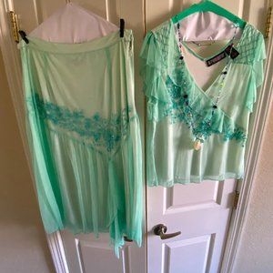 Pale Teal Embroidered 2-piece Blouse and Skirt Set